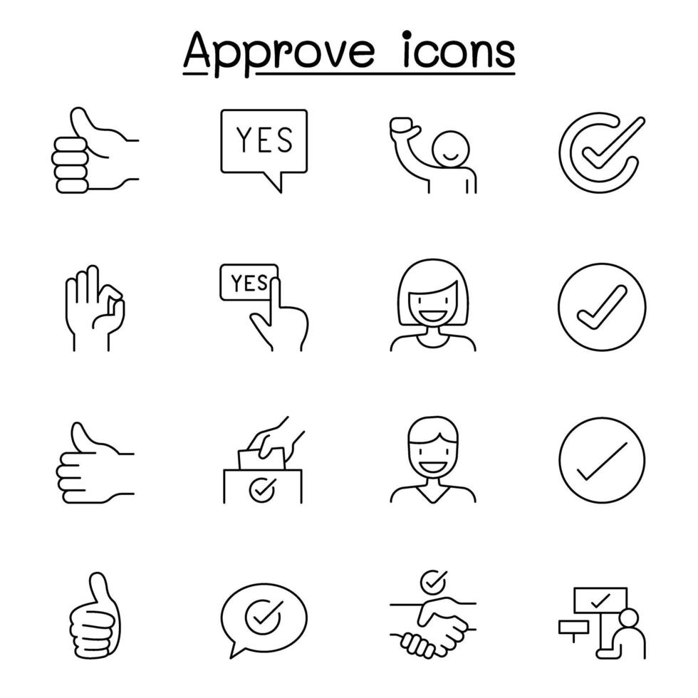 approvare, segno di spunta, icona di garanzia impostata in stile linea sottile vettore