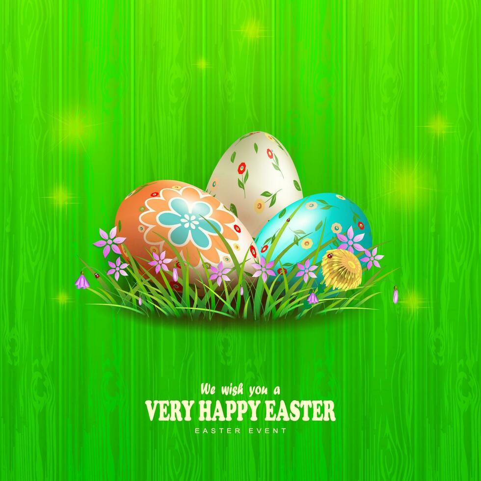Pasqua composizione di verde colore con un' silhouette di un' asse, tre uova con erba e fiori. vettore
