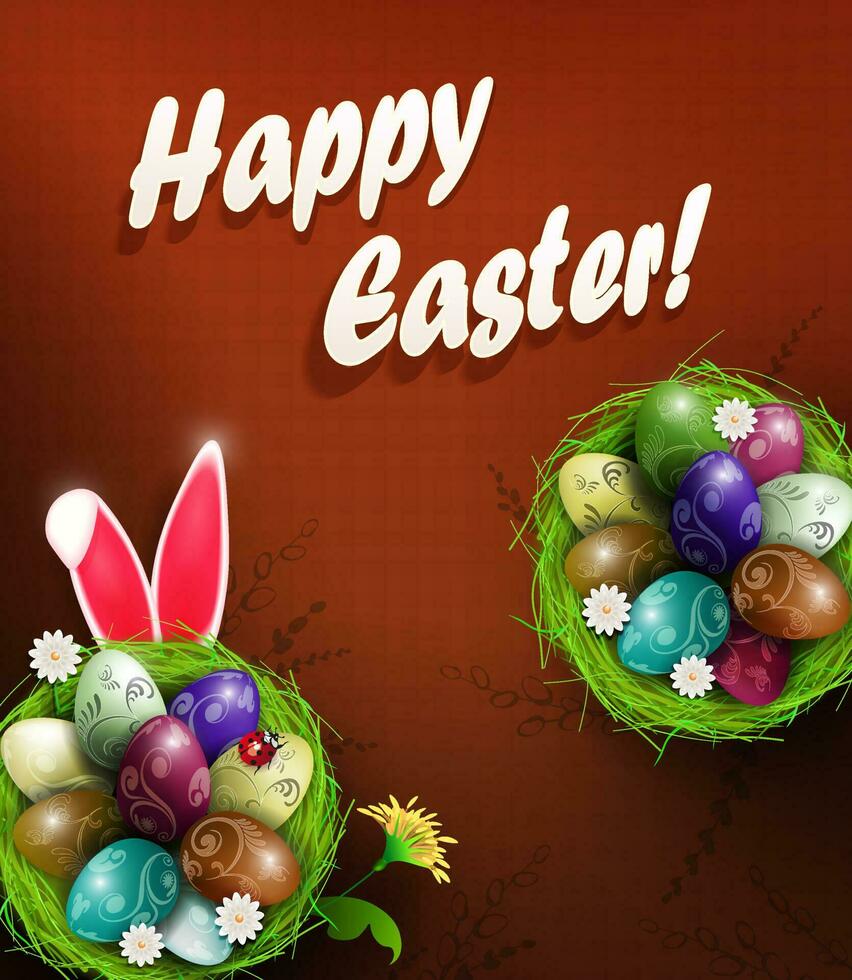 Pasqua Marrone carta con un' nido e dipinto uova, coniglio orecchie. vettore