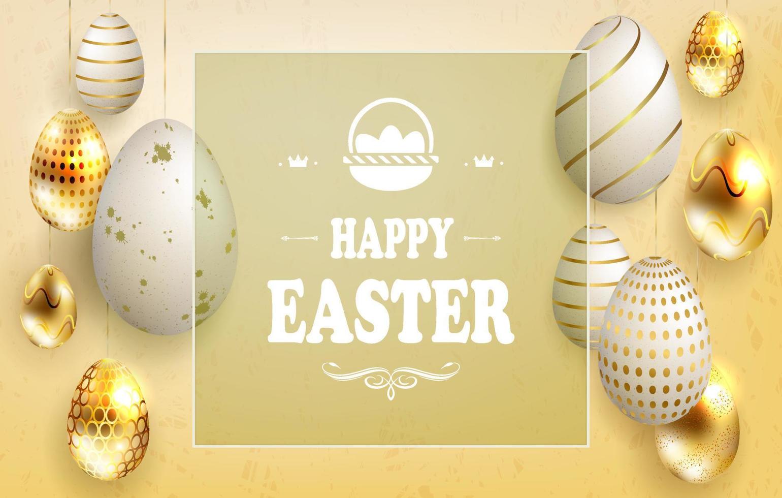leggero Pasqua composizione di un' giallo ombra con un' impostato di uova su ciondoli, con un' diverso modello di bianca e oro. vettore
