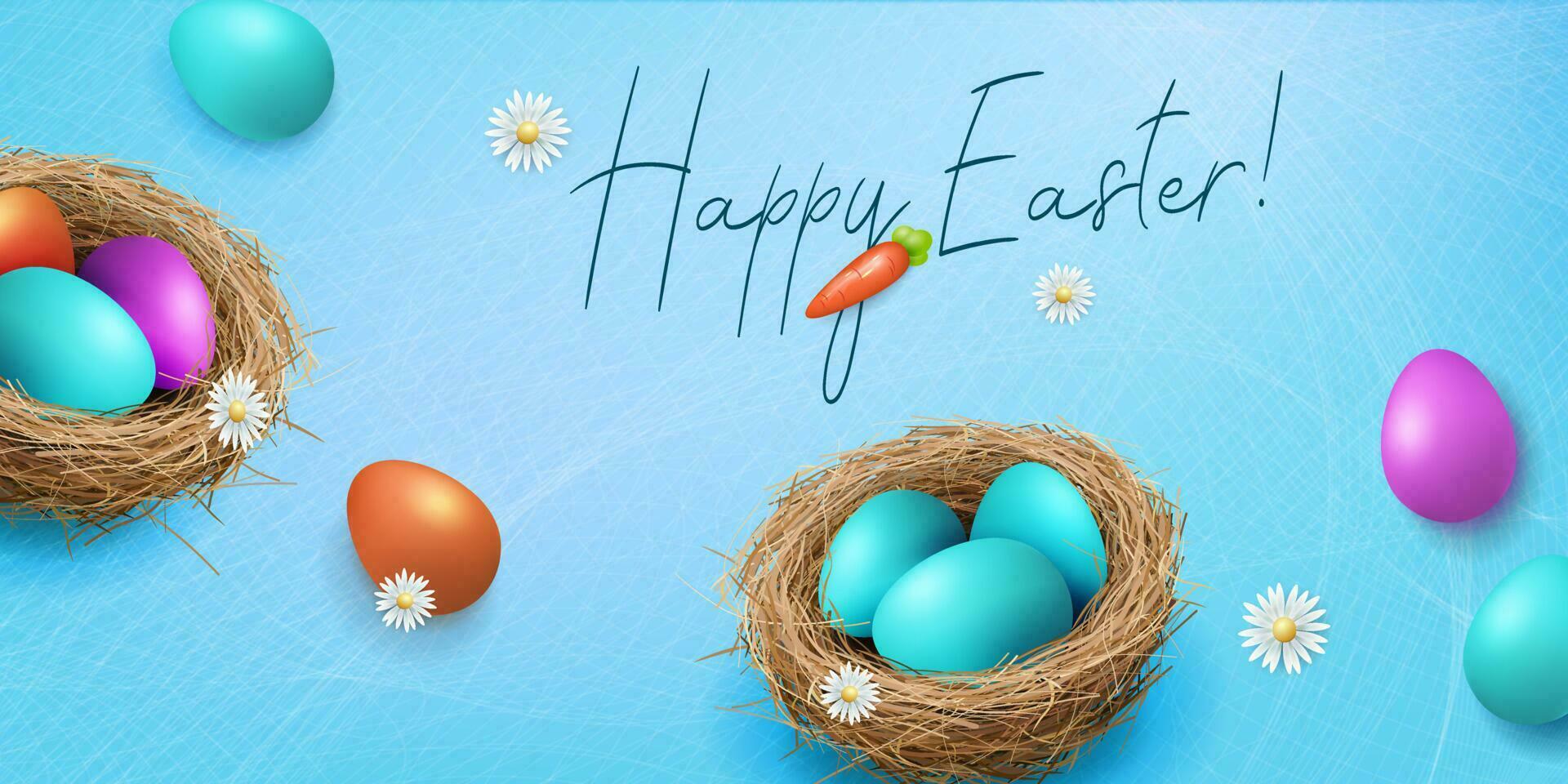 festivo Pasqua blu composizione, uova nel il nido e meraviglioso fiori. vettore