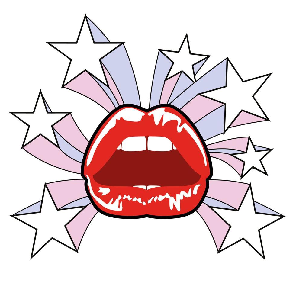 bellissimo illustrazione di sensuale femmina rosso labbra e stelle isolato su bianca sfondo con anni 80 stile vettore