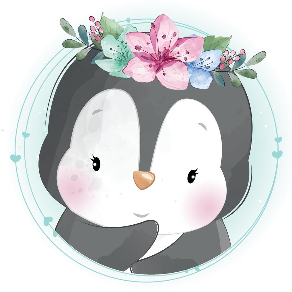 simpatico pinguino con illustrazione floreale vettore