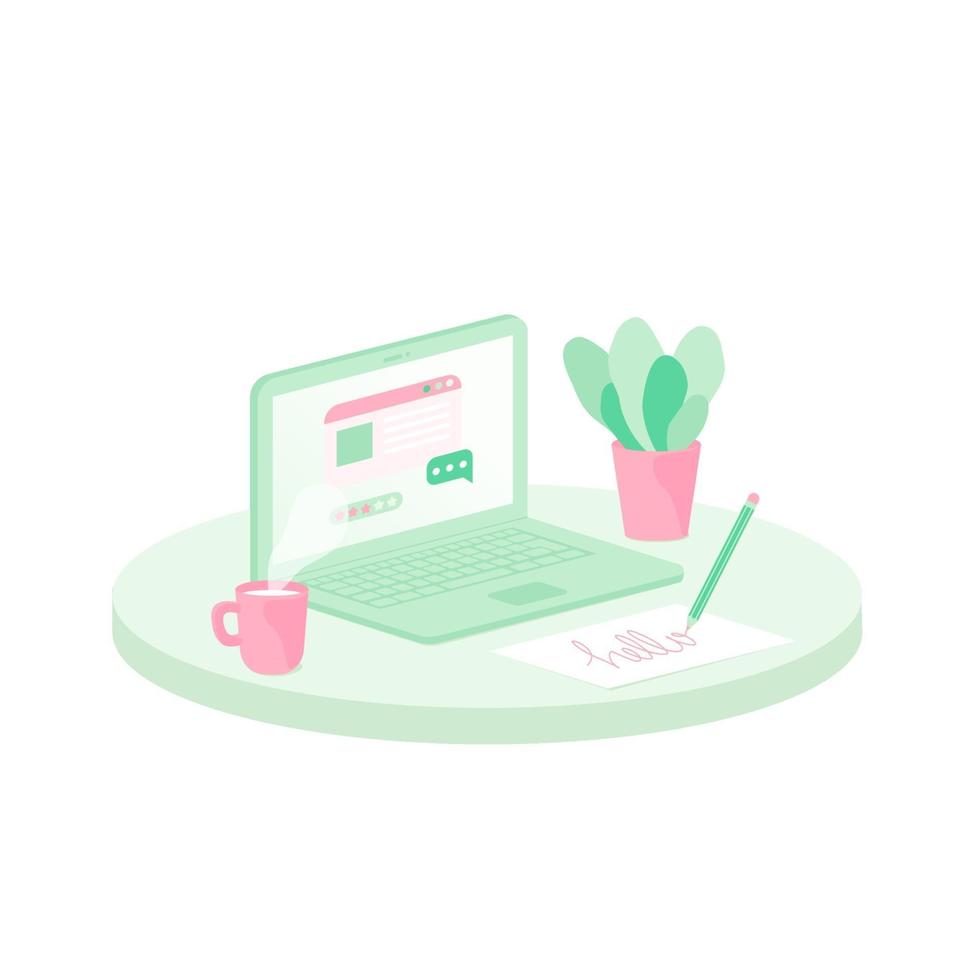scrivania con laptop, tazza di caffè e vaso di fiori. illustrazione del posto di lavoro libero professionista in stile piano. vettore