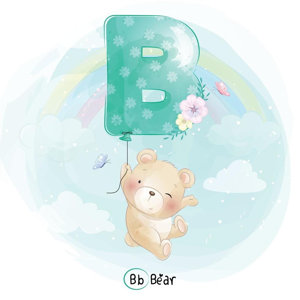 simpatico orso con illustrazione di palloncino alfabeto b vettore