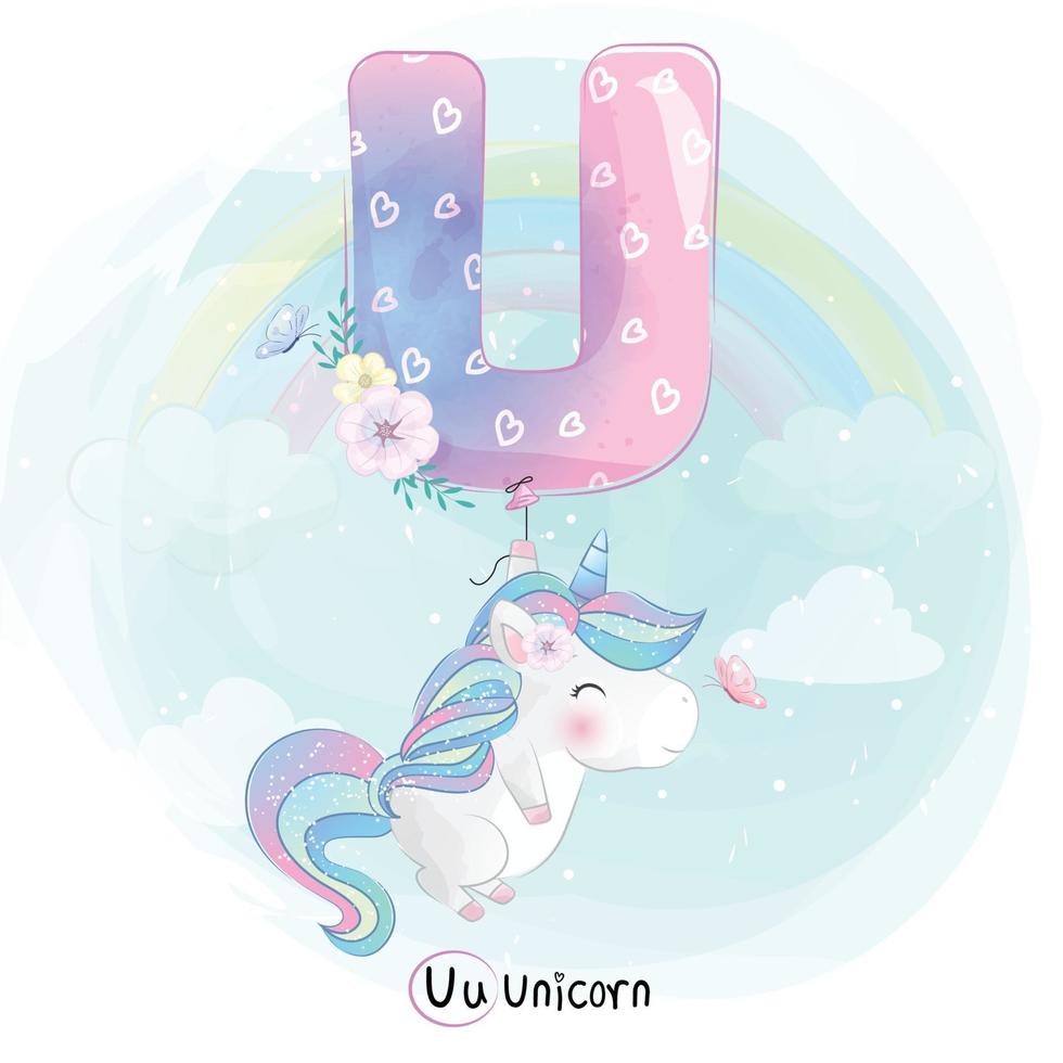 unicorno carino con illustrazione di palloncino alfabeto u vettore