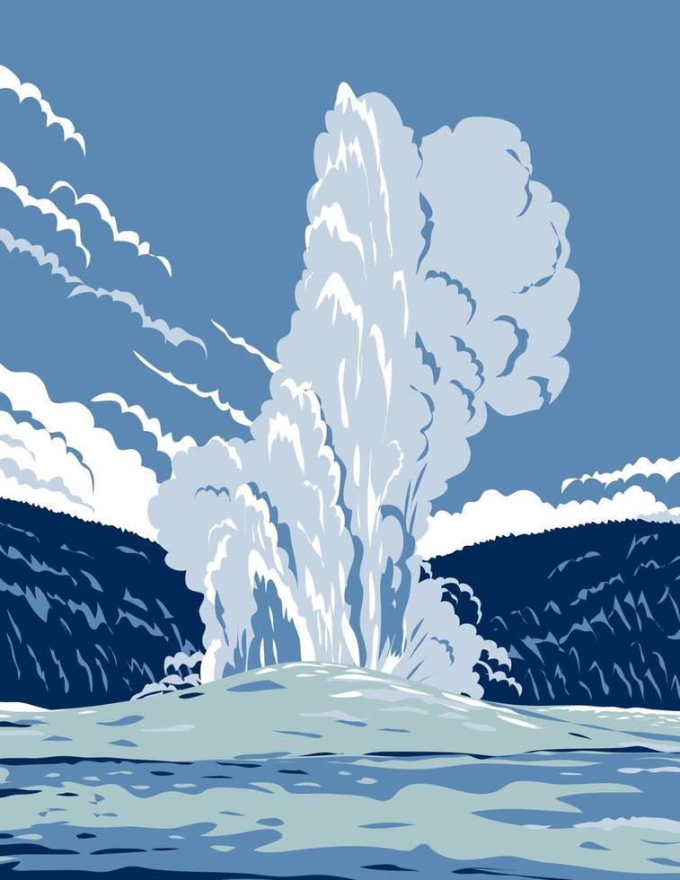 il vecchio geyser cono fedele nel parco nazionale di yellowstone nel wyoming, stati uniti d'america, poster art wpa vettore