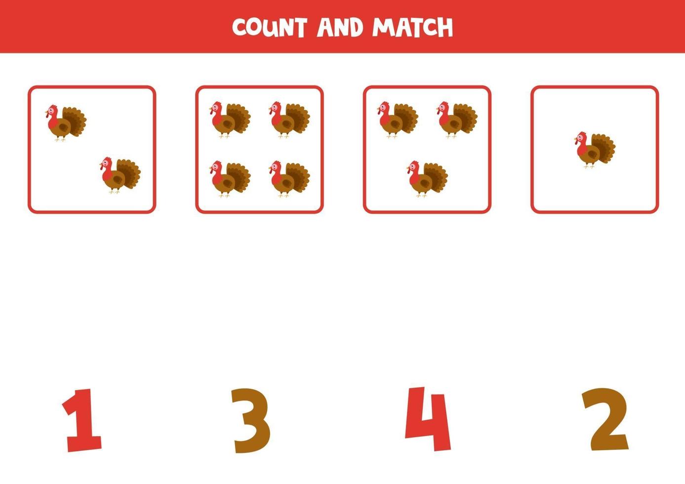 gioco di conteggio con i tacchini dei cartoni animati. foglio di lavoro di matematica. vettore