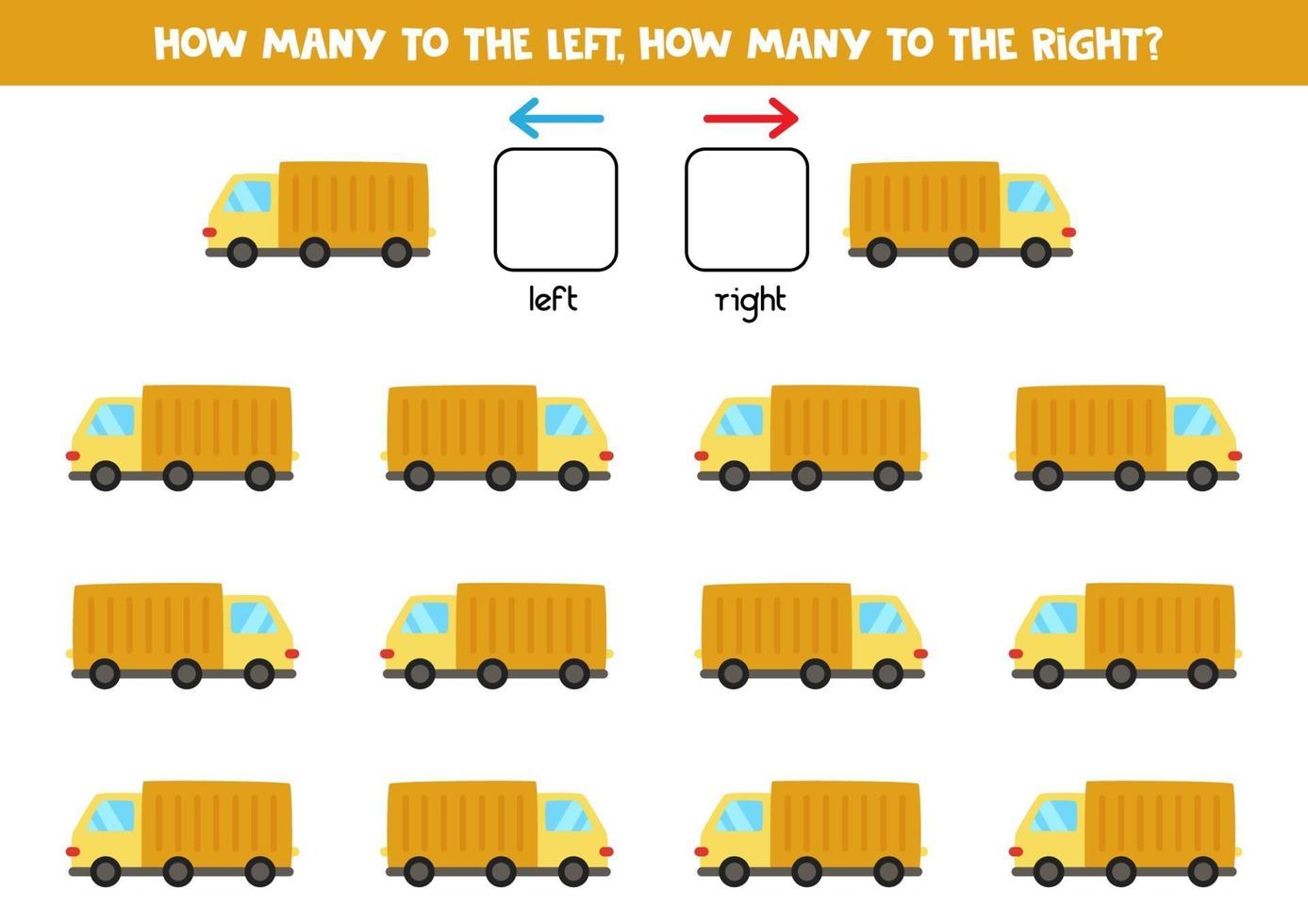 sinistra o destra con camion dei cartoni animati. gioco educativo per imparare a destra ea sinistra. vettore