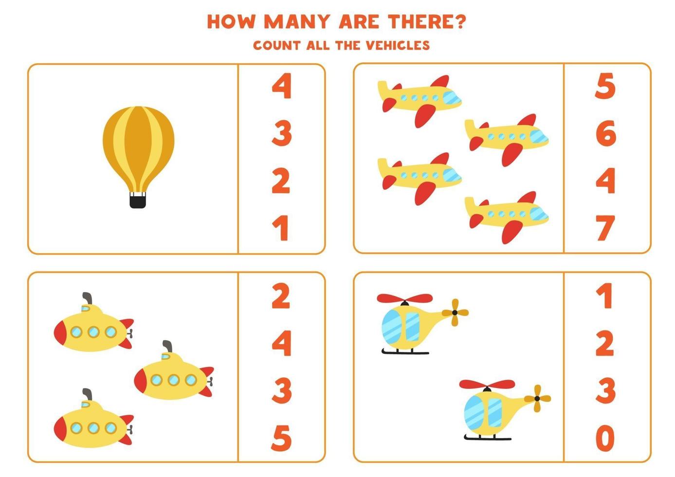 gioco di matematica. contare tutti i veicoli. giochi a tema trasporti. vettore