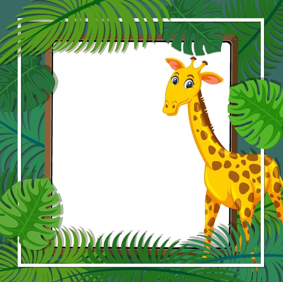 modello di banner di foglie tropicali con un personaggio dei cartoni animati di giraffa vettore