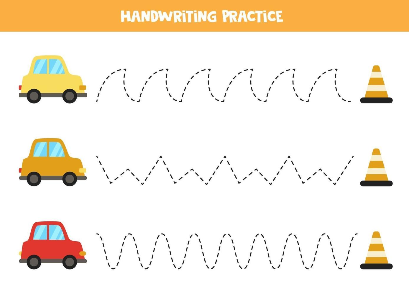 traccia le linee con le auto dei cartoni animati. Pratica di scrittura. vettore