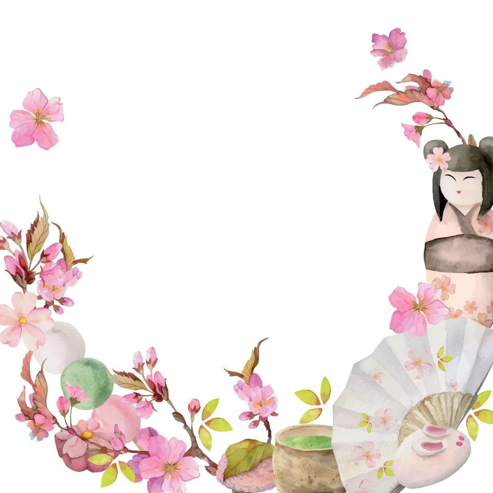 acquerello mano disegnato tradizionale giapponese dolci. ghirlanda di primavera wagashi con sakura, oggetti. isolato su bianca sfondo. design per inviti, ristorante menù, saluto carte, Stampa, tessile vettore