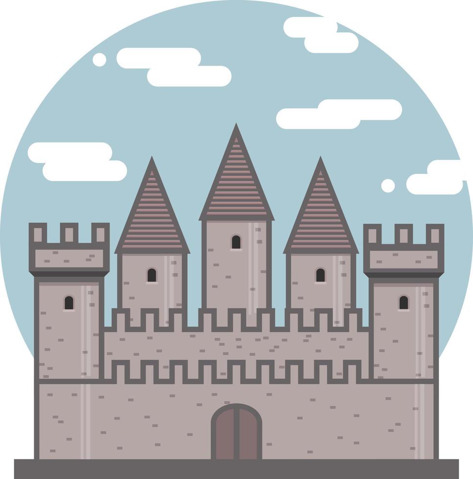 medievale antico castello piatto icona. fortezza su cielo cerchio sfondo. medievale architettura. vettore illustrazione di cavaliere castello con muri e torri isolato su bianca sfondo