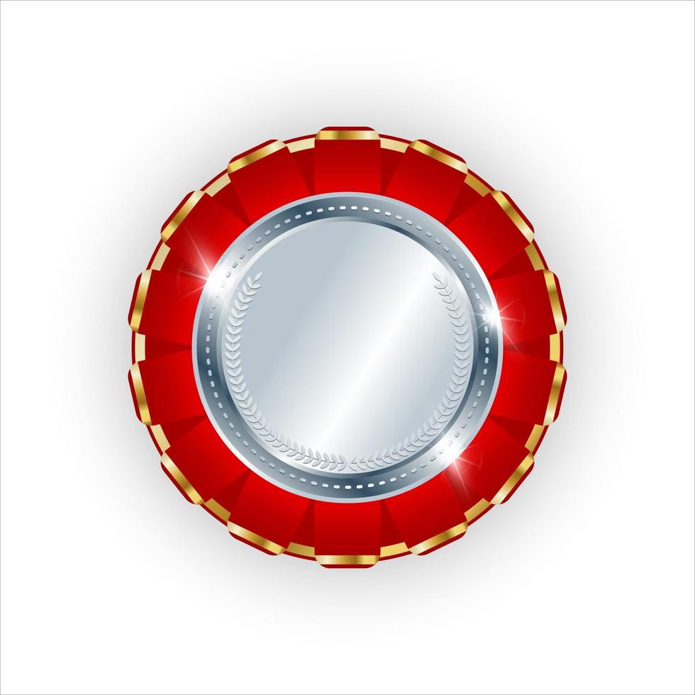 argento distintivo con rosso nastro. 2 ° posto premio isolato su bianca sfondo. argento medaglia. vettore illustrazione.