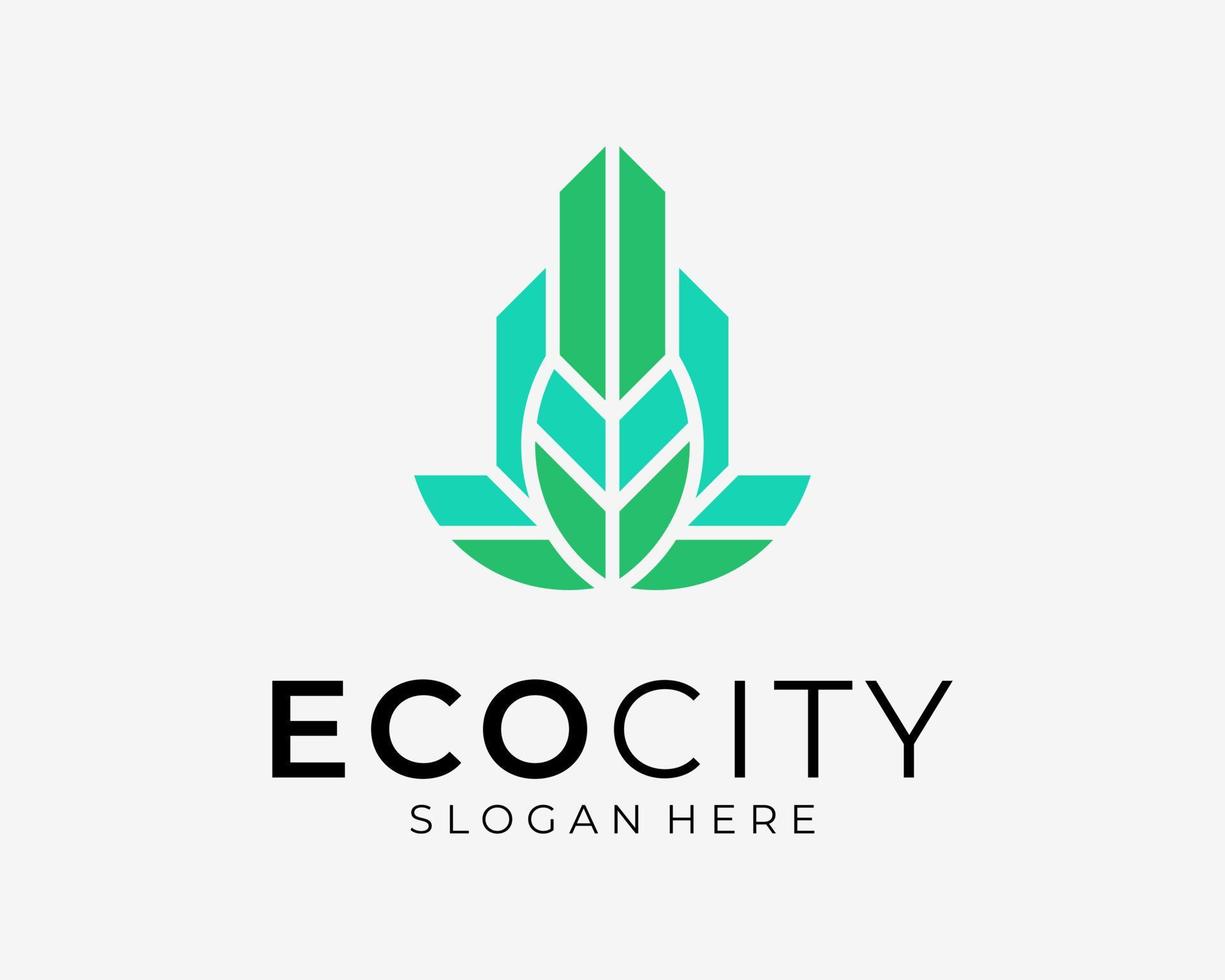 città urbano edificio grattacielo architettura eco foglia verde ambiente bio pulito vettore logo design