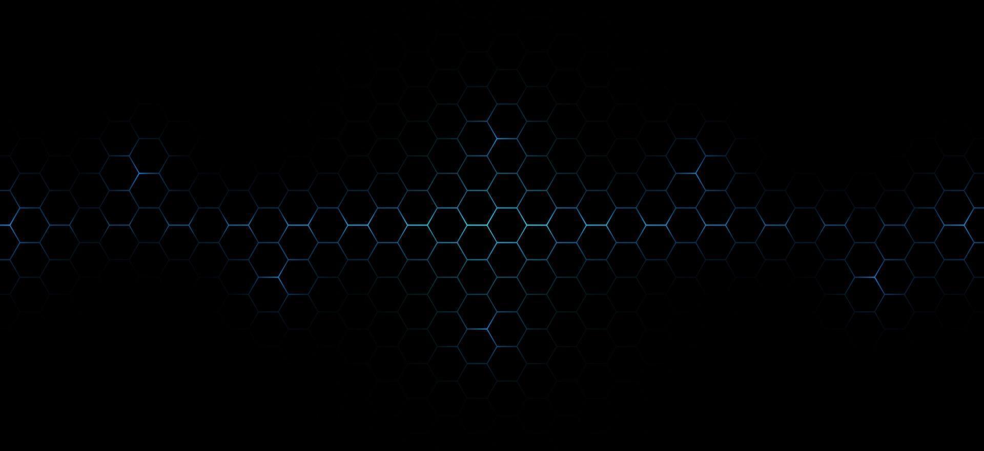 tecnologia astratta concetto futuristico modello esagoni scuri con energia luminosa blu incandescente lampeggia sotto sfondo esagonale. vettore