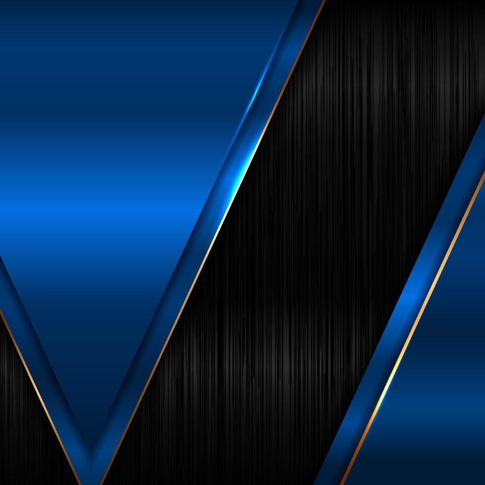 astratto elegante triangolo geometrico blu metallizzato lucido con linea dorata su sfondo nero e texture vettore