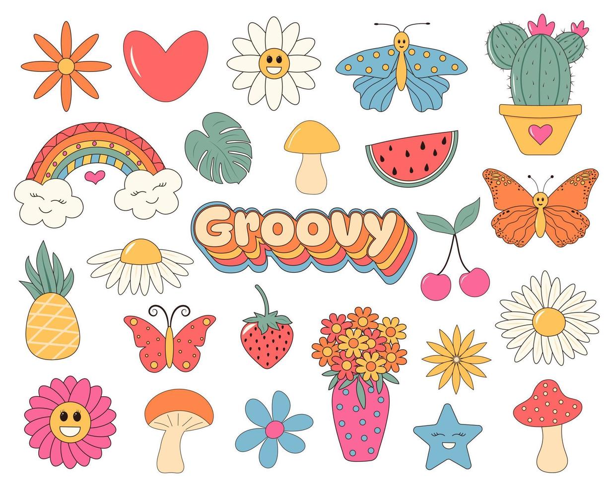 Groovy retrò hippie 70s etichetta impostare. divertente adesivi o badge nel di moda psichedelico cartone animato stile. margherita fiori, funghi, arcobaleno, farfalle, cuore e altro hippie icone. vettore