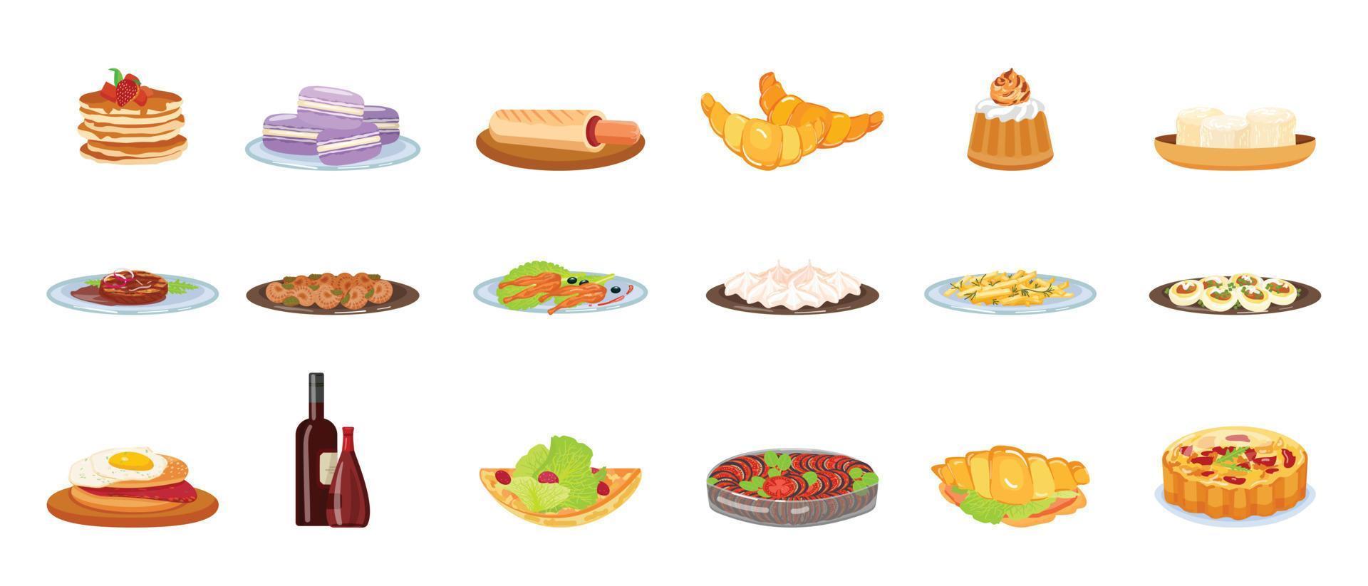 francese cibo icone impostato cartone animato vettore. bar pasto vettore