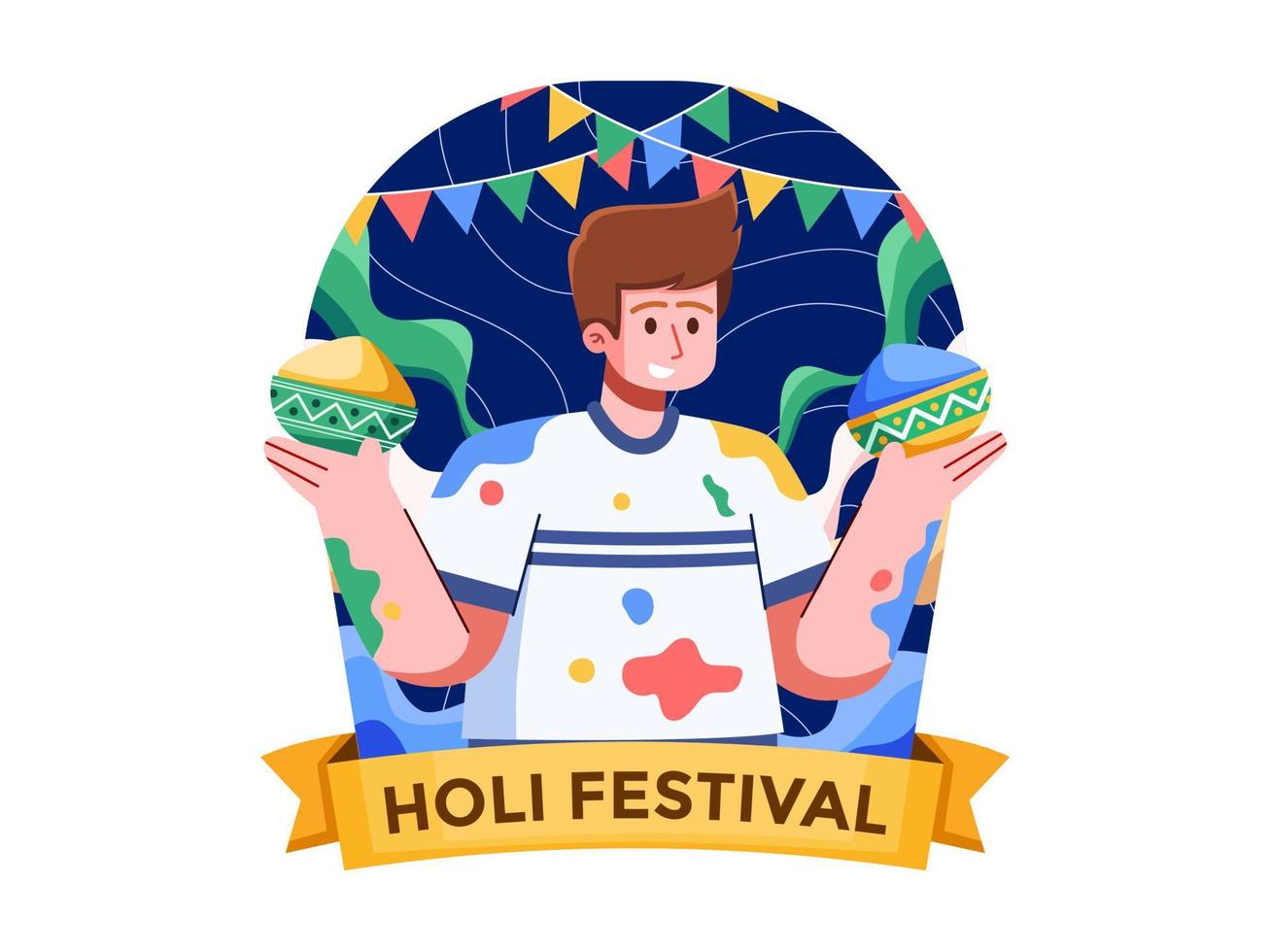 illustrazione di gioioso persone Tenere colorato polveri festeggiare il India holi Festival. un' persona felicemente festeggiare il holi Festival nel India con persone Tenere colorato polvere. vettore