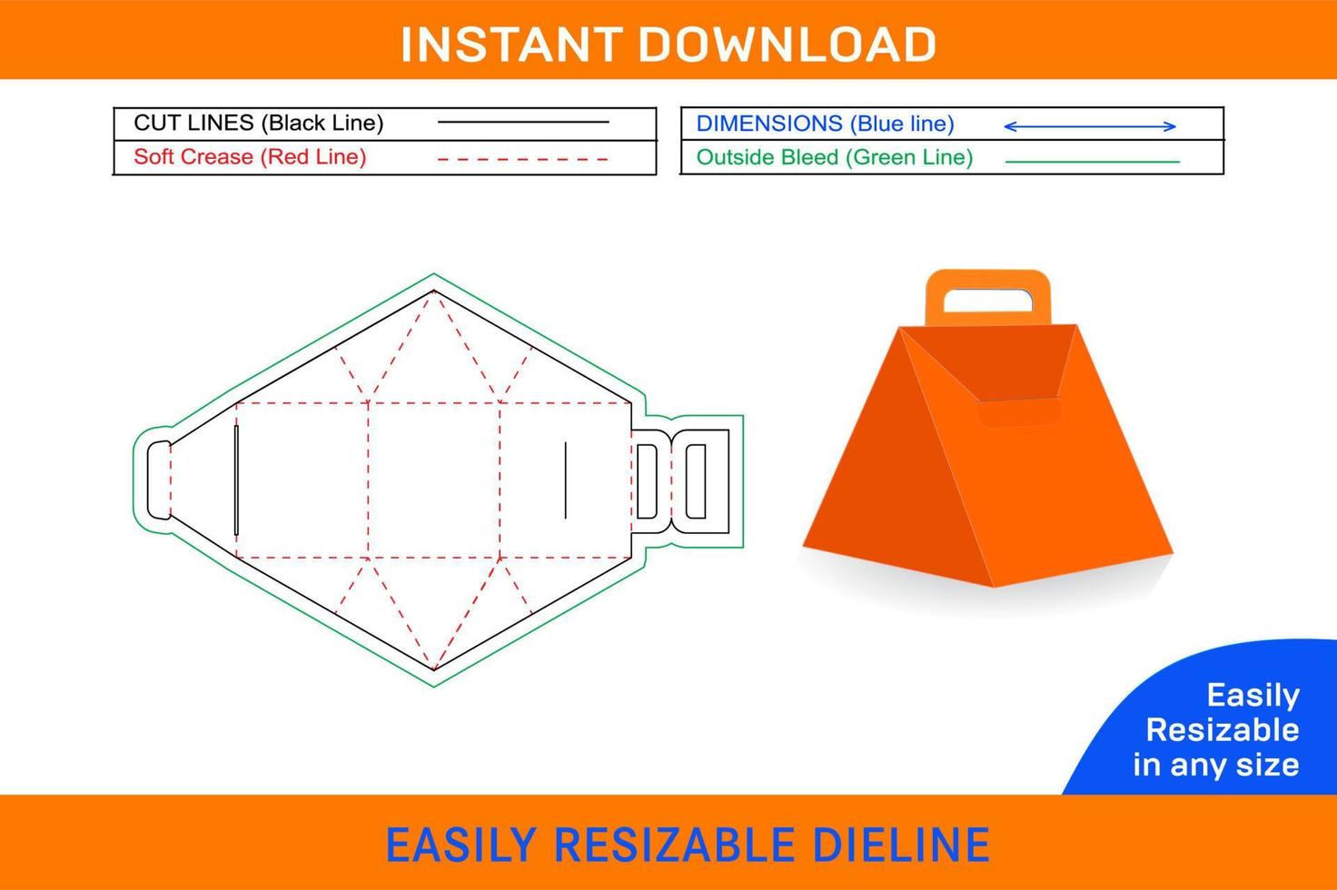 cibo scatola triangolo con maniglia per bottiglia, tazza, cosmetico Dieline modello e 3d scatola design scatola Dieline e 3d scatola vettore