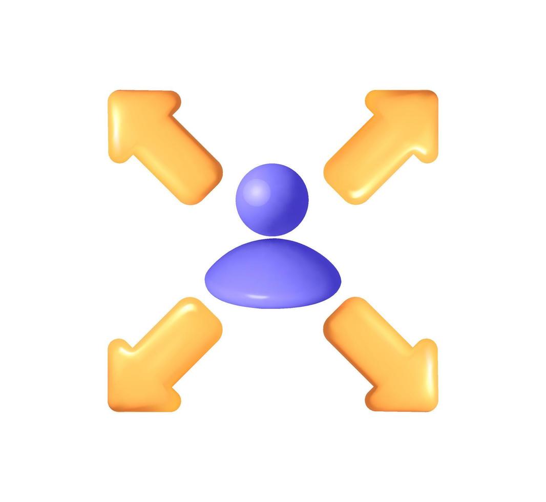 3d attività commerciale vettore maglia utente icona. persona con frecce puntamento verso l'esterno vettore schema colorato cartello. multifunzionalità e versatilità colore linea