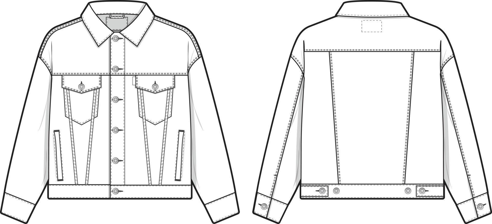 uomini unisex regolare in forma denim jean giacca camionista vettore piatto tecnico disegno illustrazione modello modello per design e Tech confezioni moda mascalzone abbigliamento di strada moda marca design risorsa file.