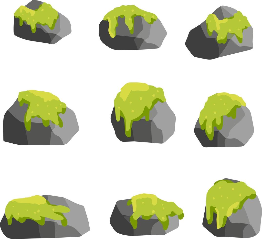 elemento di montagna e foresta. impostato di rocce con erba o muschio per scenario Visualizza - cartone animato illustrazione vettore