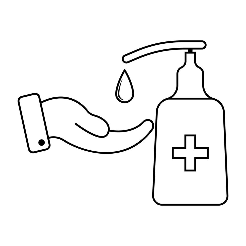 antisettico disinfettante liquido sapone basato su alcol, vettore icona cartello su il mano gocciolante far cadere disinfettante liquido sapone Prodotto igiene simbolo