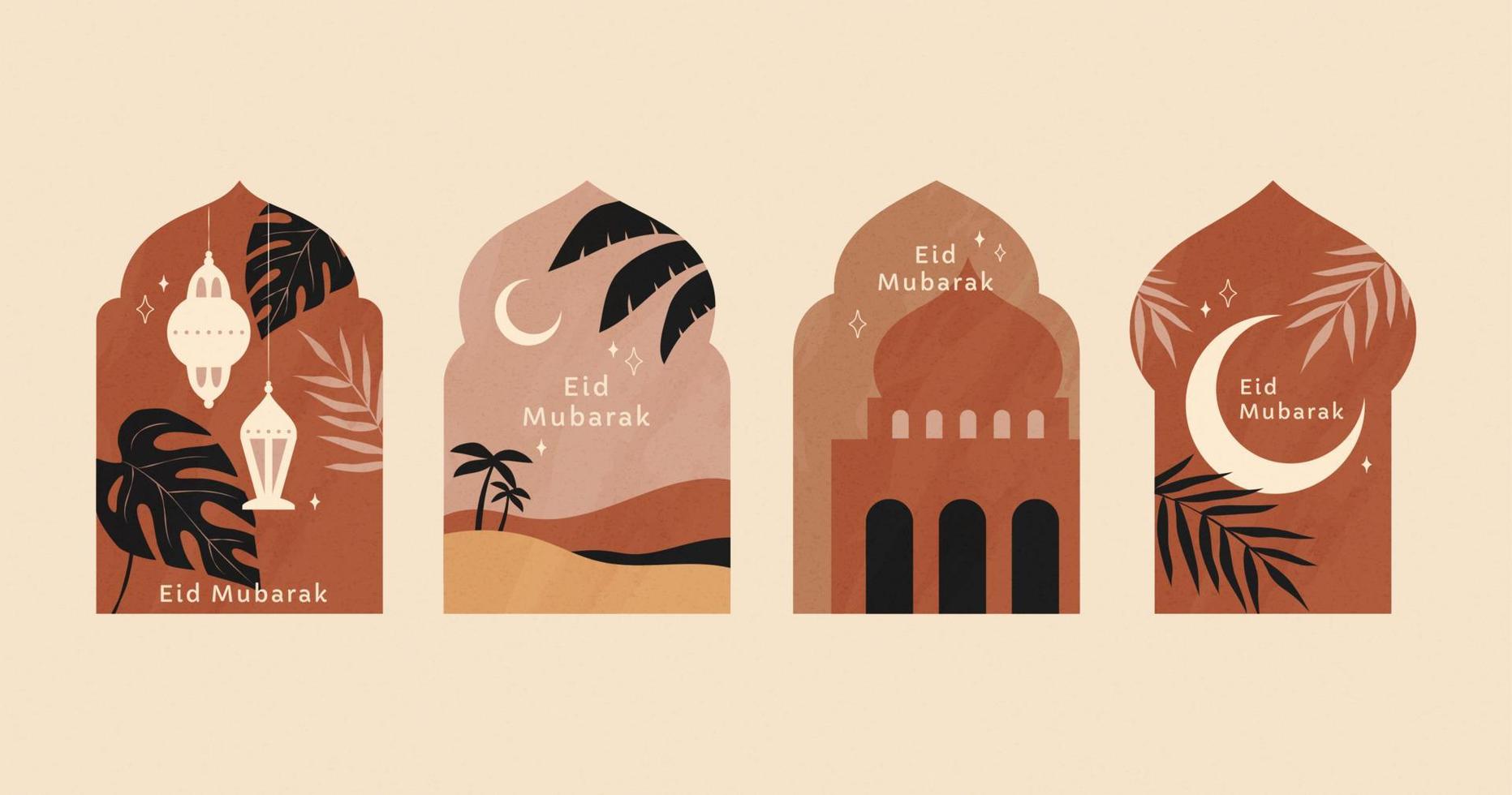 Vintage ▾ islamico vacanza etichetta impostare. strutturato illustrazioni Compreso fanous lanterna, deserto scenario, moschea silhouette e mezzaluna Luna. vettore
