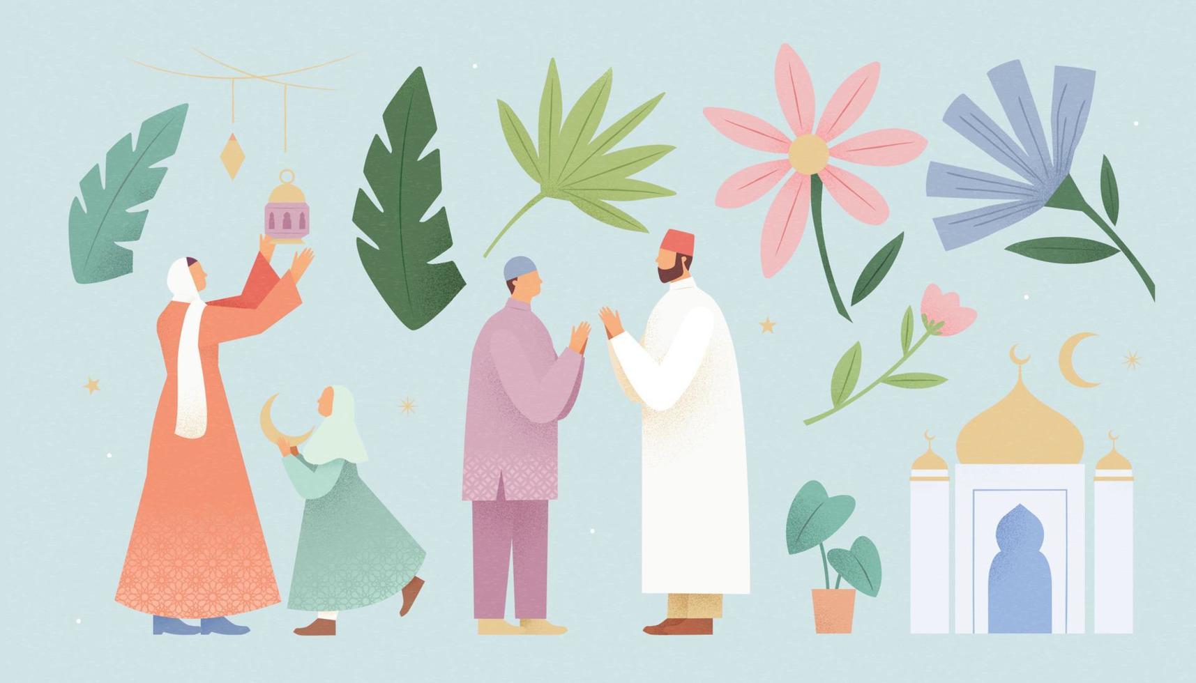 carino pastello islamico illustrazione impostare, Compreso musulmano famiglia e colorato le foglie. adatto per Ramadan, hari raya o eid al-Fitr decorazione. vettore