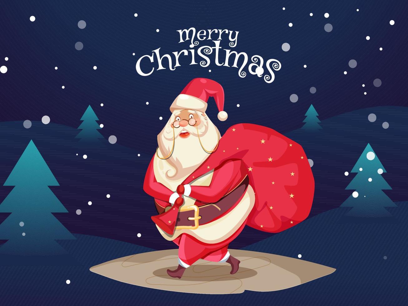 carino Santa Claus sollevamento un' rosso pesante sacco nel a piedi posa con natale alberi su nevicata blu sfondo per allegro Natale celebrazione. vettore