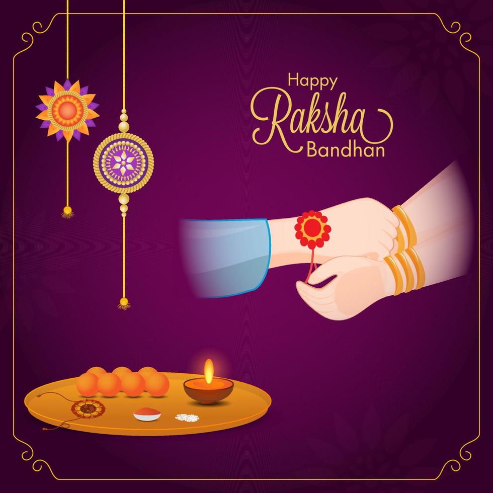 contento Raksha bandhan saluto carta con sorella mano legatura rakhi su sua fratello polso e culto piatto. vettore