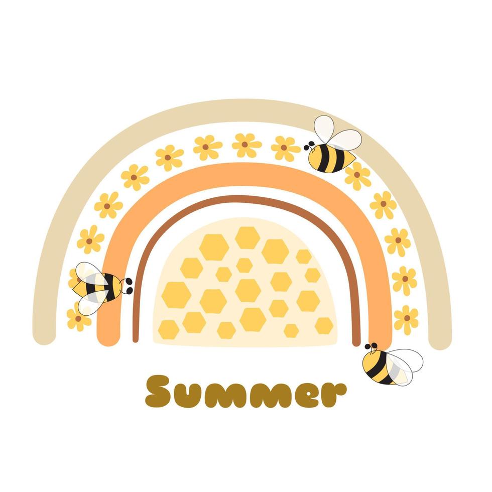 miele pentola ape arcobaleno elemento. miele barattolo, ape, dolce miele apicoltura grafico elemento isolato. carino ape miele biologico logo. vettore illustrazione. estate ape arcobaleno disegno, bambino Stampa giallo arcobaleno