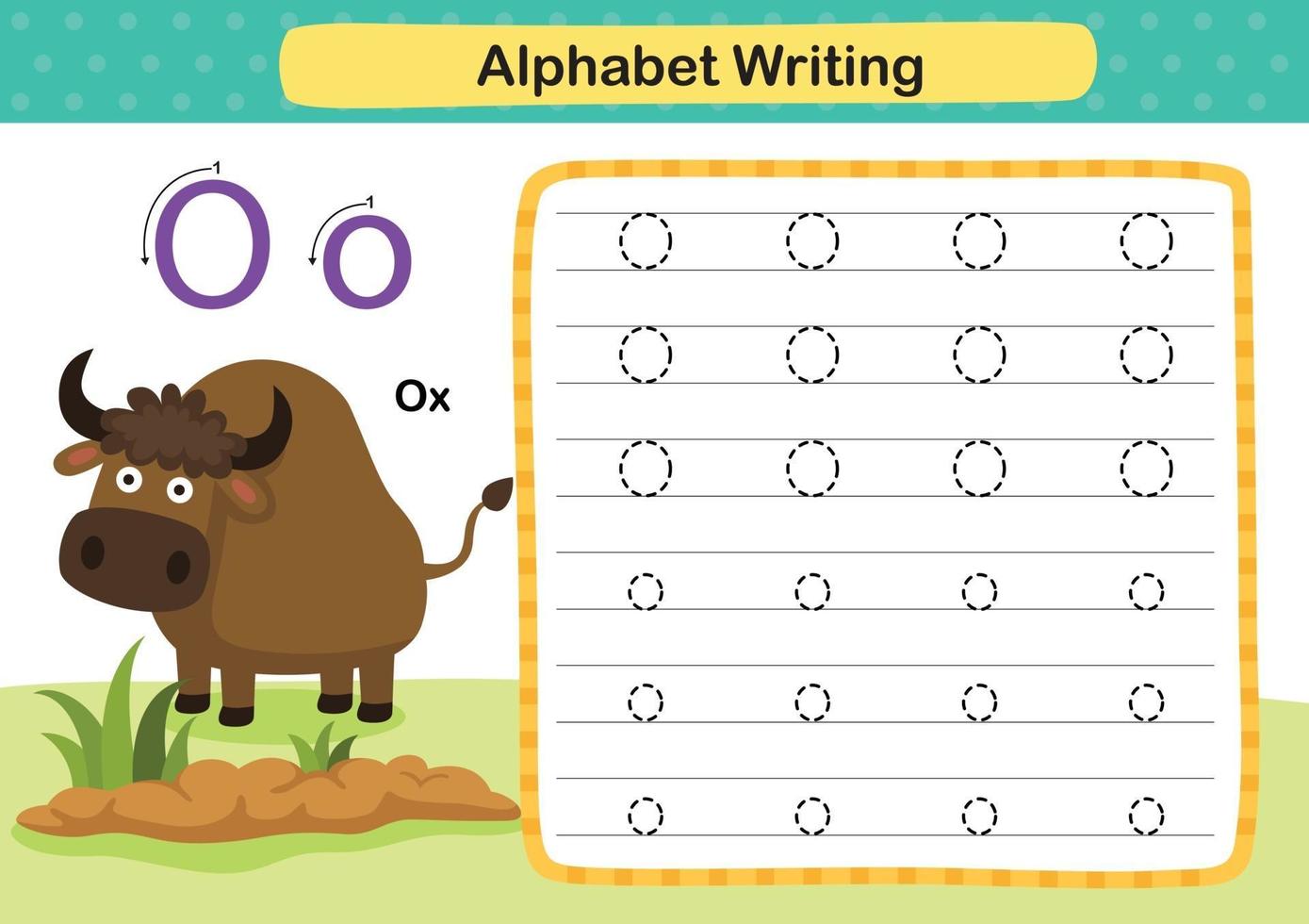 alfabeto lettera o-bue esercizio con illustrazione di vocabolario dei cartoni animati, vettore