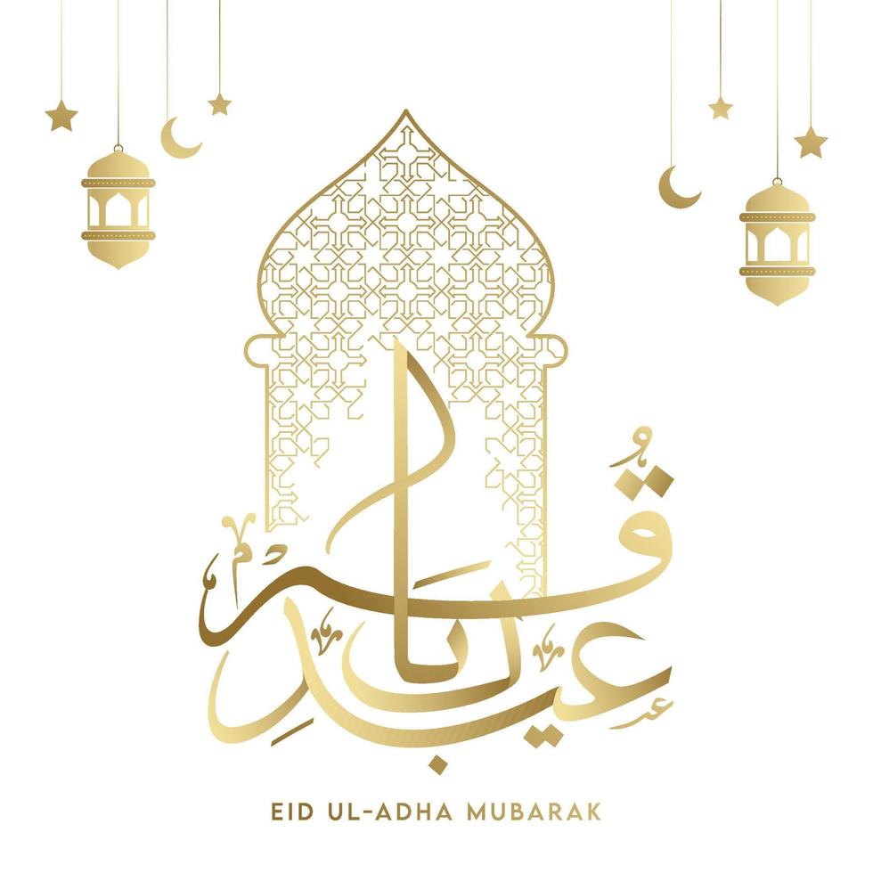 d'oro Eid-ul-Adha mubarak calligrafia con moschea porta, sospeso mezzaluna lune, lanterne e stelle su bianca sfondo. vettore