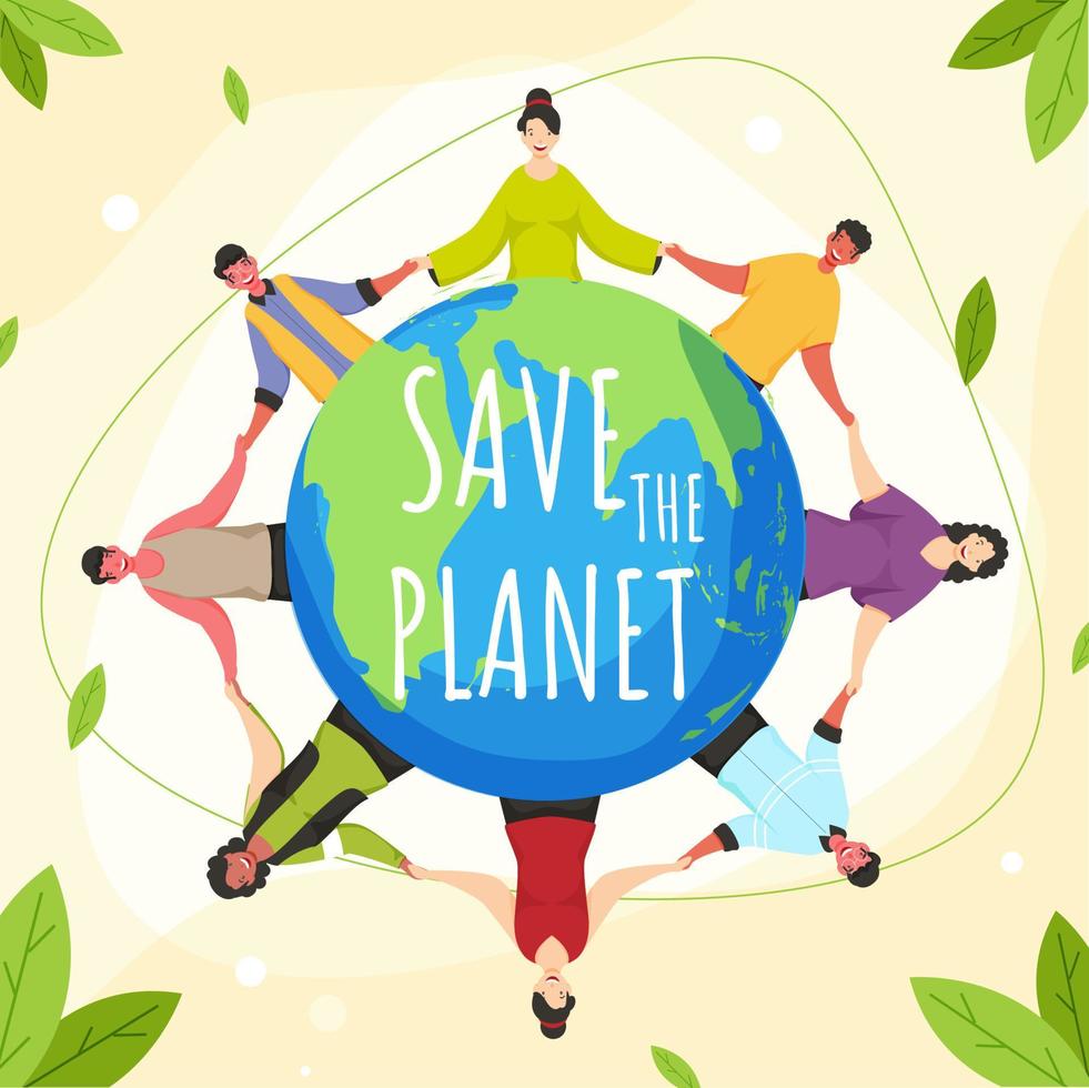cartone animato personaggio di persone Tenere mani in giro il mondo e verde le foglie per Salva il pianeta concetto. vettore