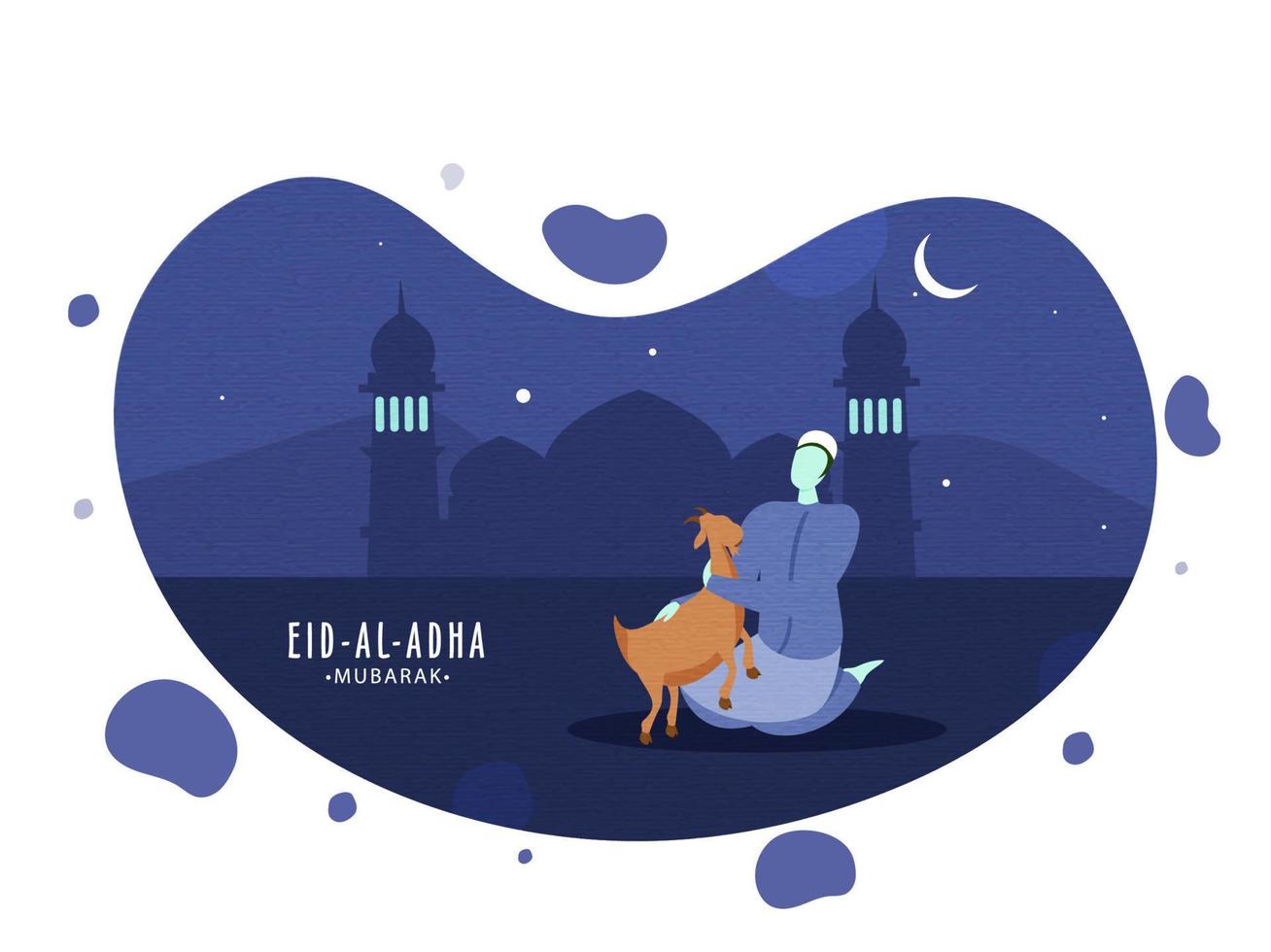 illustrazione di cartone animato musulmano uomo Tenere un' capra con silhouette moschea e mezzaluna Luna su astratto sfondo per Eid-al-Adha mubarak. vettore