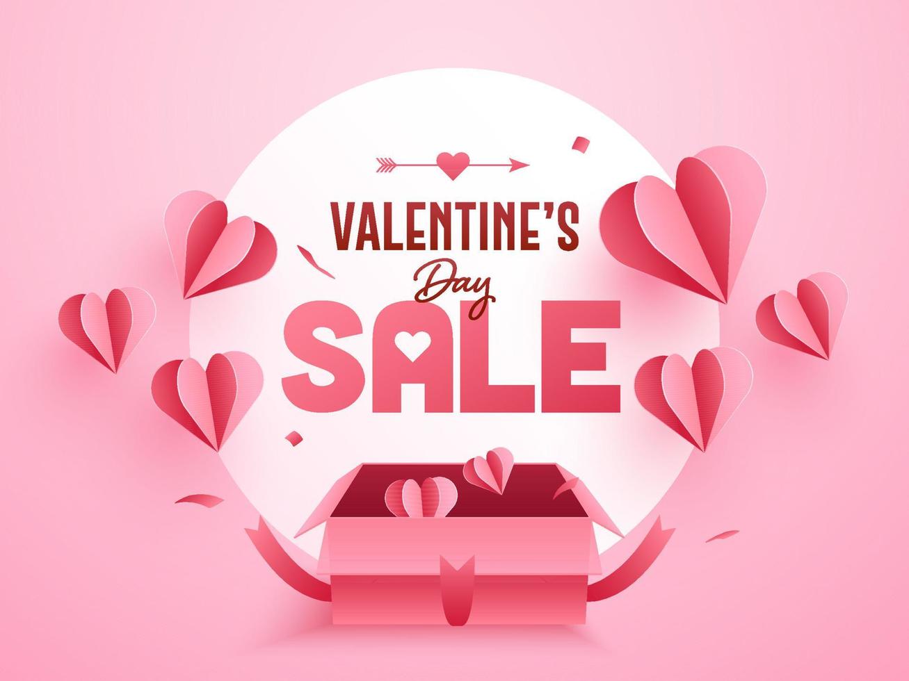 San Valentino giorno vendita manifesto design con Aperto regalo scatola e carta tagliare cuori decorato su rosa sfondo. vettore