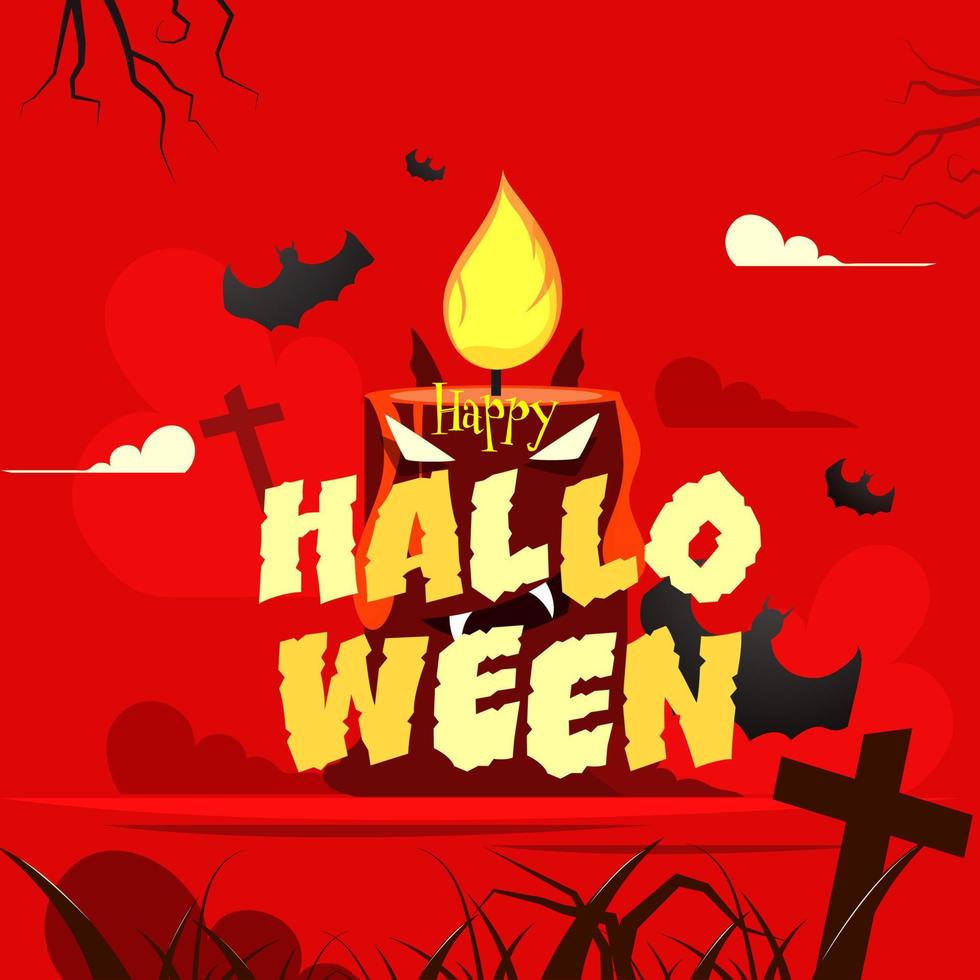 contento Halloween raccapricciante testo con illuminato pauroso mostro candela, volante pipistrelli e attraversare cimitero su rosso sfondo. vettore