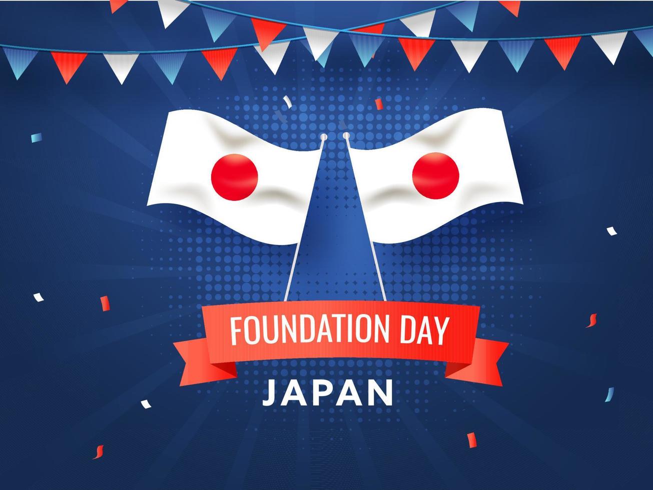 Giappone fondazione giorno manifesto design con nazionale bandiere su blu raggi mezzitoni effetto sfondo. vettore