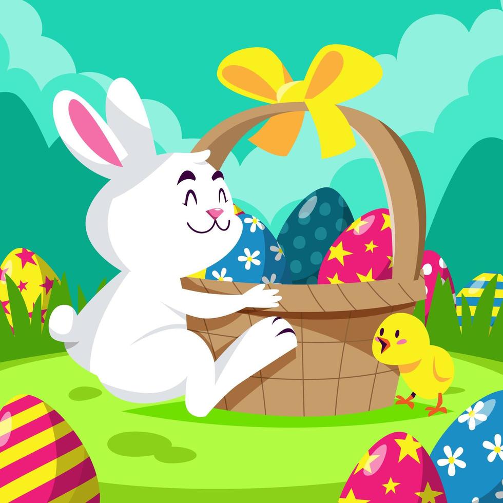 un coniglio abbraccia un cesto pieno di uova vettore