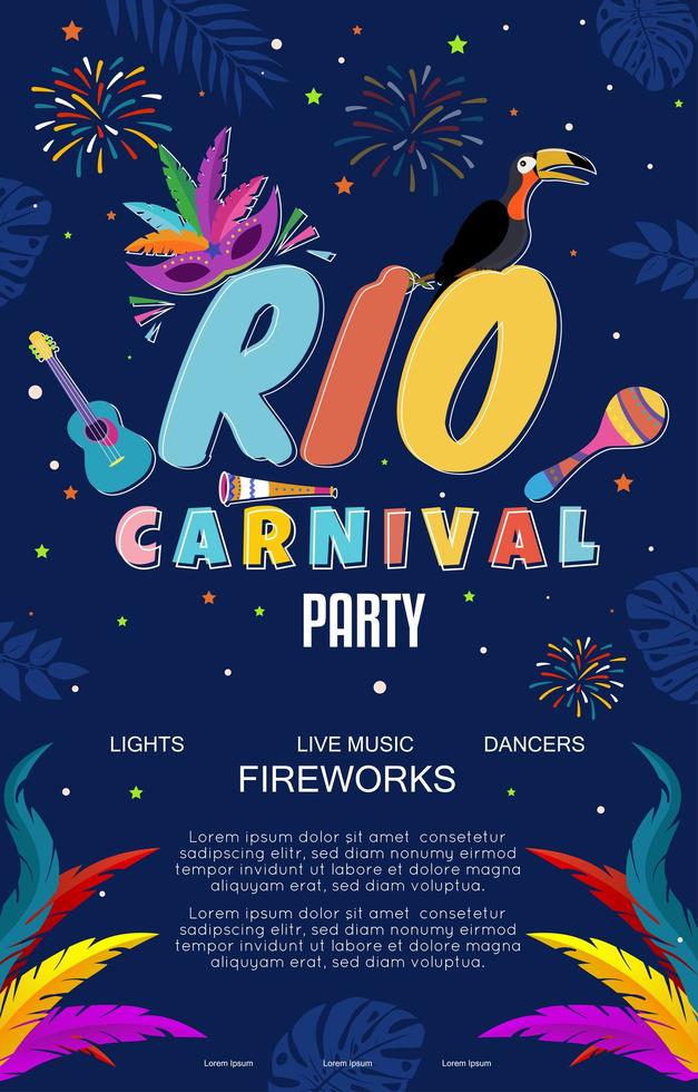 poster di carnevale di rio con fuochi d'artificio colorati vettore