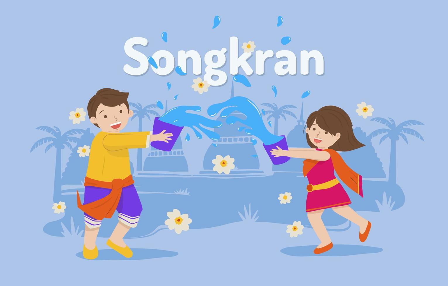 festival di songkran con due bambini che giocano vettore