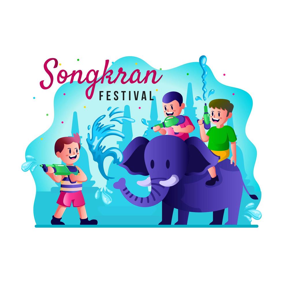 bambini che giocano a pistola ad acqua con elefante nel concetto di festival di songkran vettore