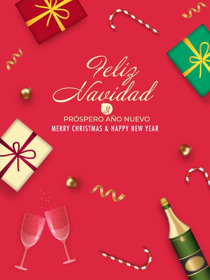 allegro Natale e contento nuovo anno scritto spagnolo linguaggio con superiore Visualizza regalo scatole, Champagne bottiglia e Saluti bicchieri su rosso sfondo. vettore