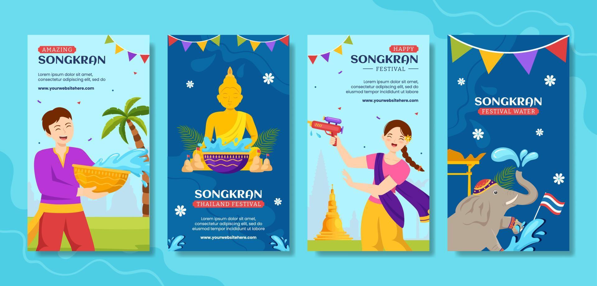 Songkran Festival giorno sociale media storie cartone animato mano disegnato modelli sfondo illustrazione vettore