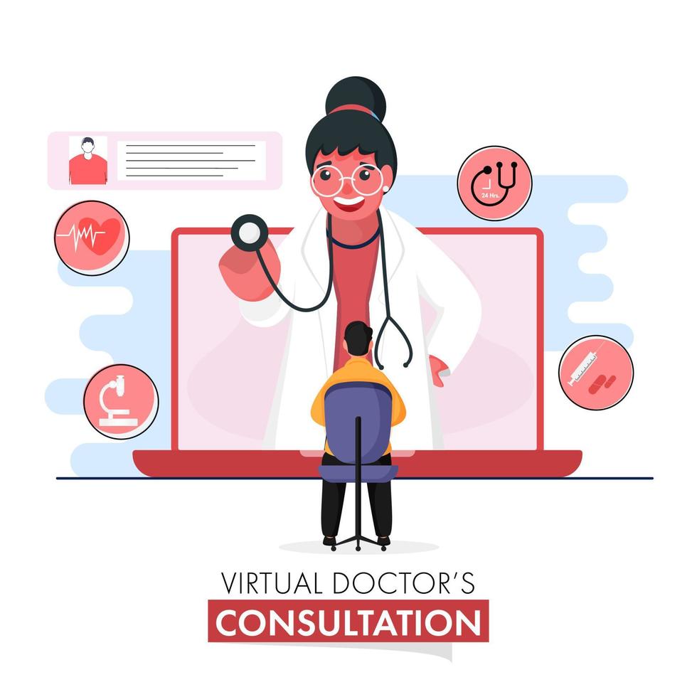 virtuale medico consultazione concetto basato manifesto design con cartone animato donna medico l'esame paziente di stetoscopio nel il computer portatile. vettore