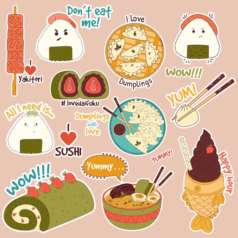 tradizionale giapponese cibo adesivi. asiatico yakitori spiedini, ramen, Ravioli, taiyaki, matcha torta rotolo, shabu Shabu, onigiri, wonton, daifuku. vettore illustrazione